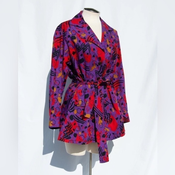 YVES Saint Laurent Vintage 1990s Purple Red Abstract Belted Shirt Jacket Dress - Picture 4 of 11